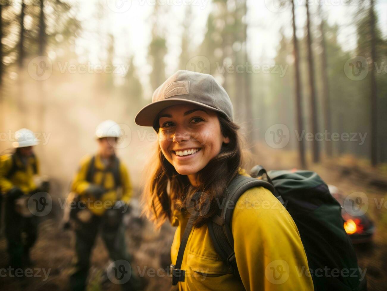 Female firefighter bravely battles the fire AI Generative photo