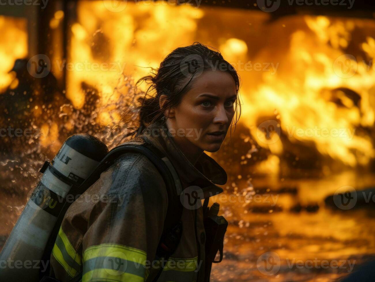 Female firefighter bravely battles the fire AI Generative photo