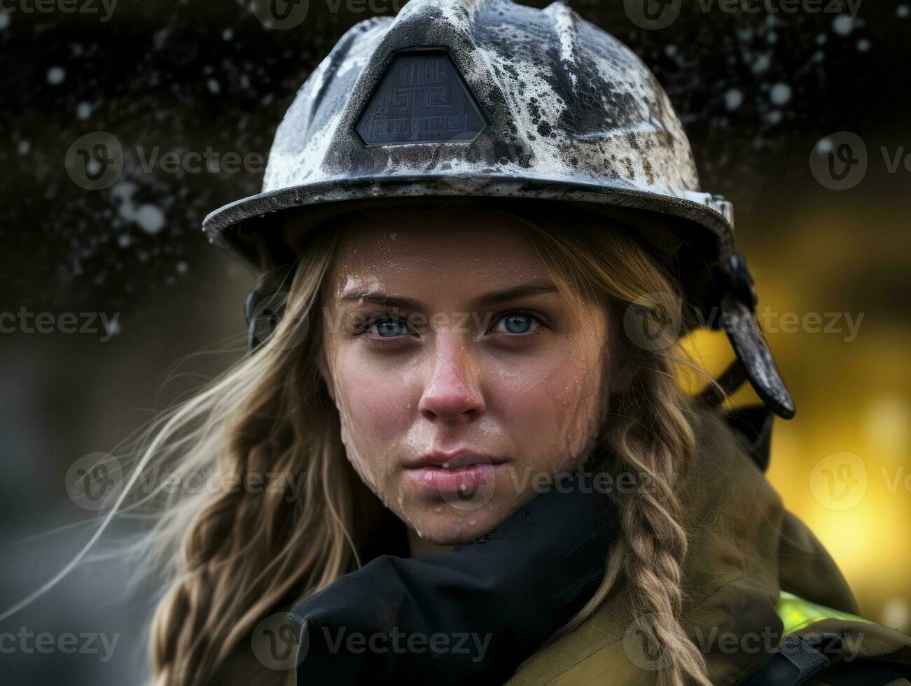 Female firefighter bravely battles the fire AI Generative photo