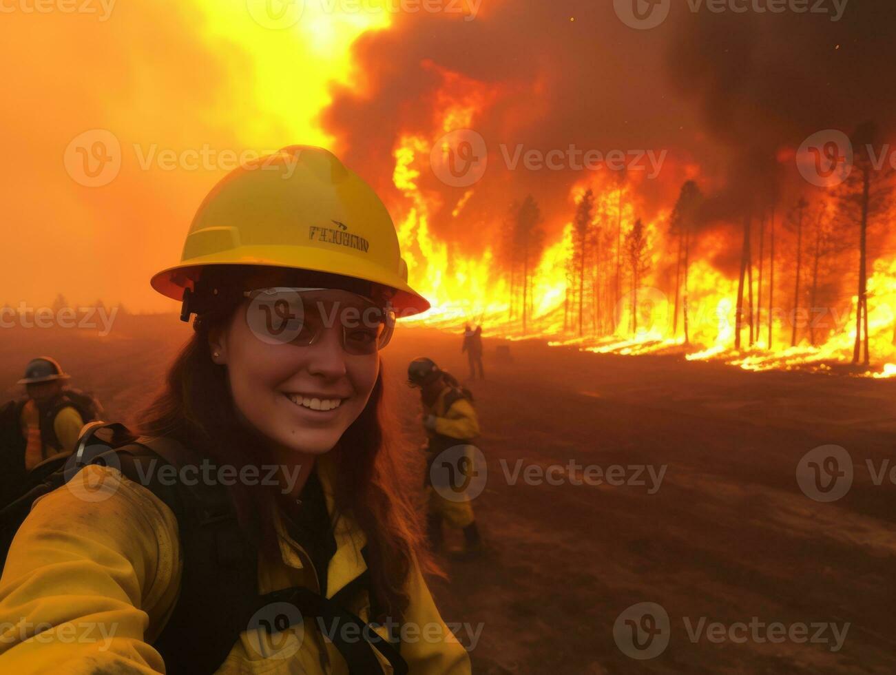 hembra bombero valientemente batallas el fuego ai generativo foto