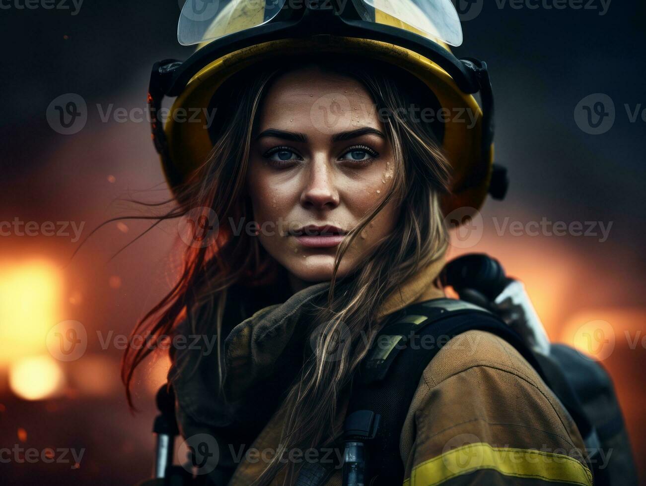Female firefighter bravely battles the fire AI Generative photo