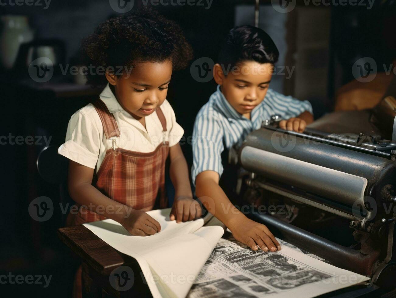 Historic colored photo of a kids daily work in the 1900s AI Generative