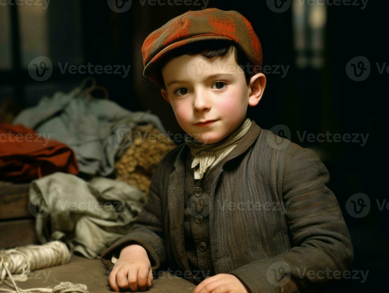 Historic colored photo of a kids daily work in the 1900s AI Generative