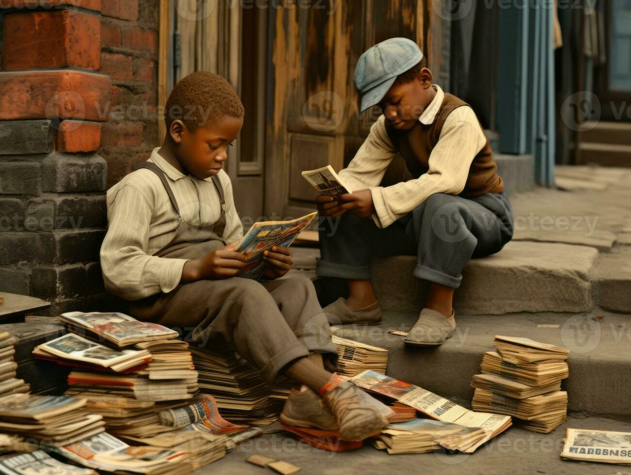 Historic colored photo of a kids daily work in the 1900s AI Generative