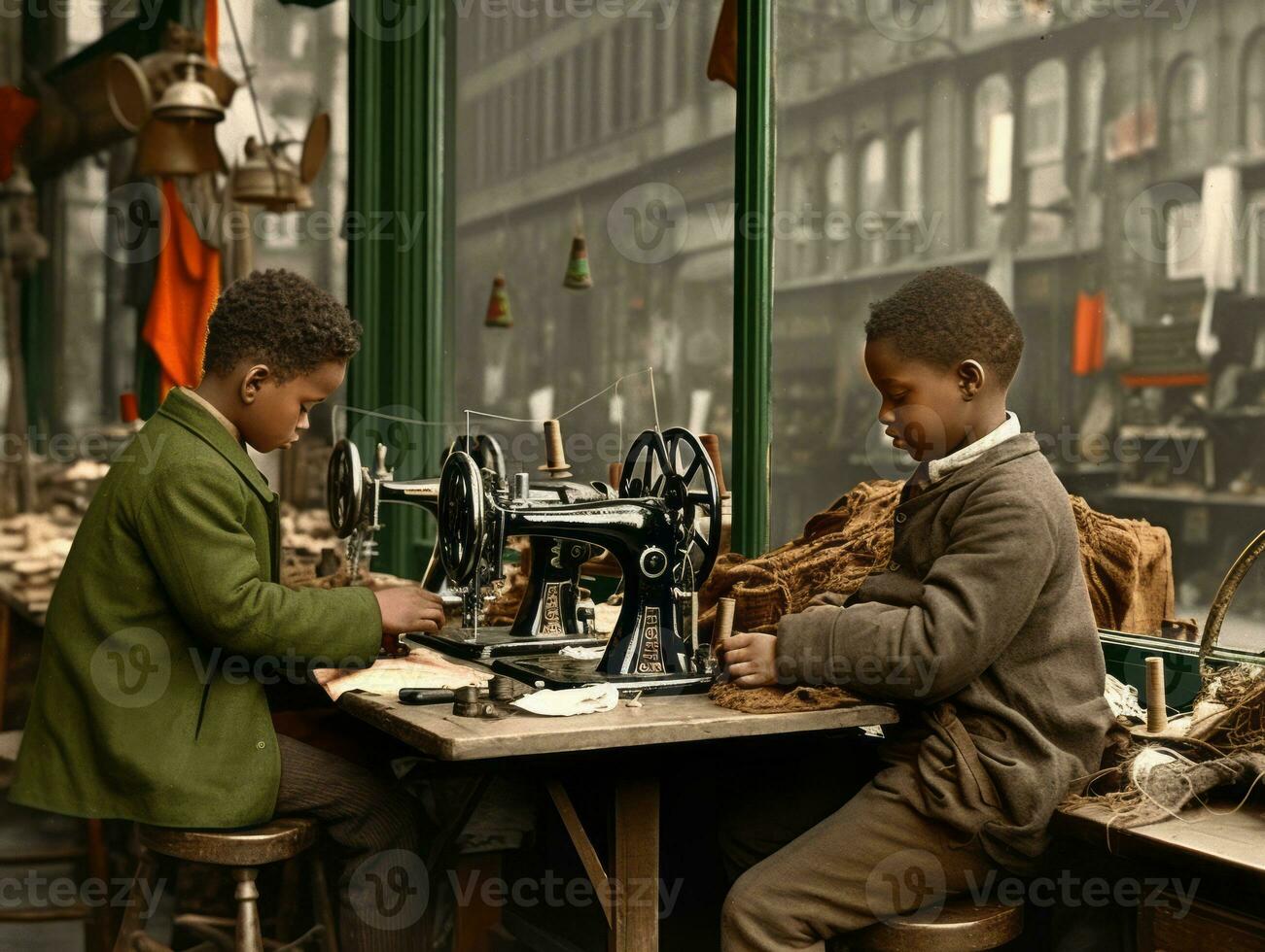 Historic colored photo of a kids daily work in the 1900s AI Generative