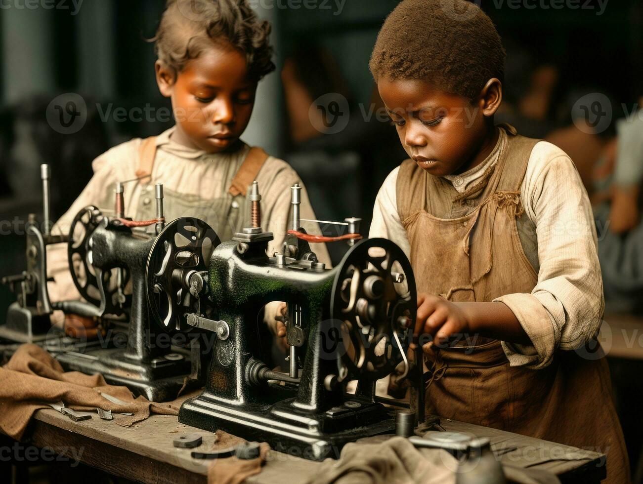 Historic colored photo of a kids daily work in the 1900s AI Generative