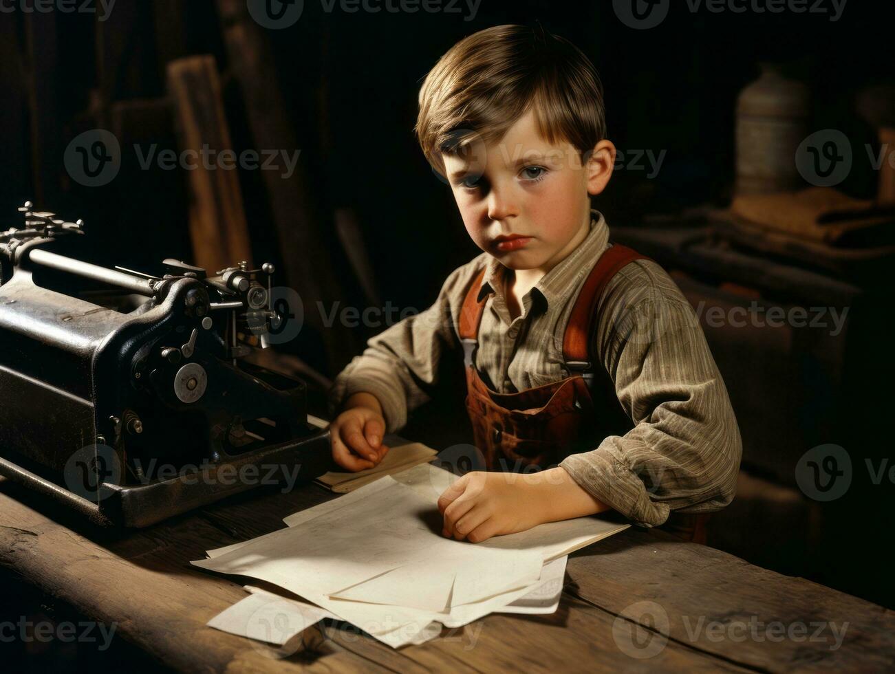 Historic colored photo of a kids daily work in the 1900s AI Generative