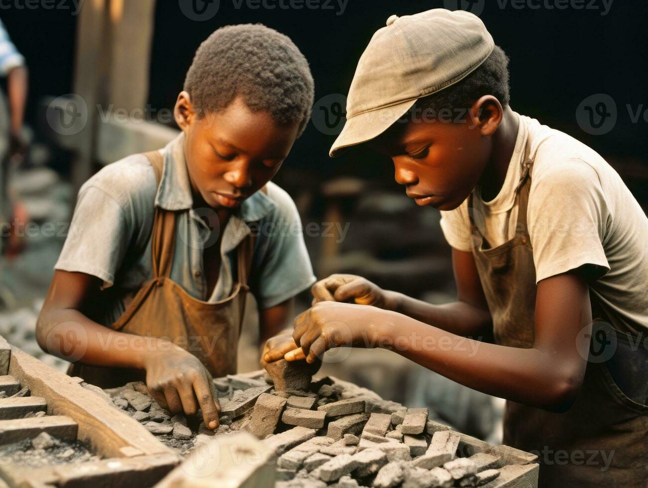 Historic colored photo of a kids daily work in the 1900s AI Generative