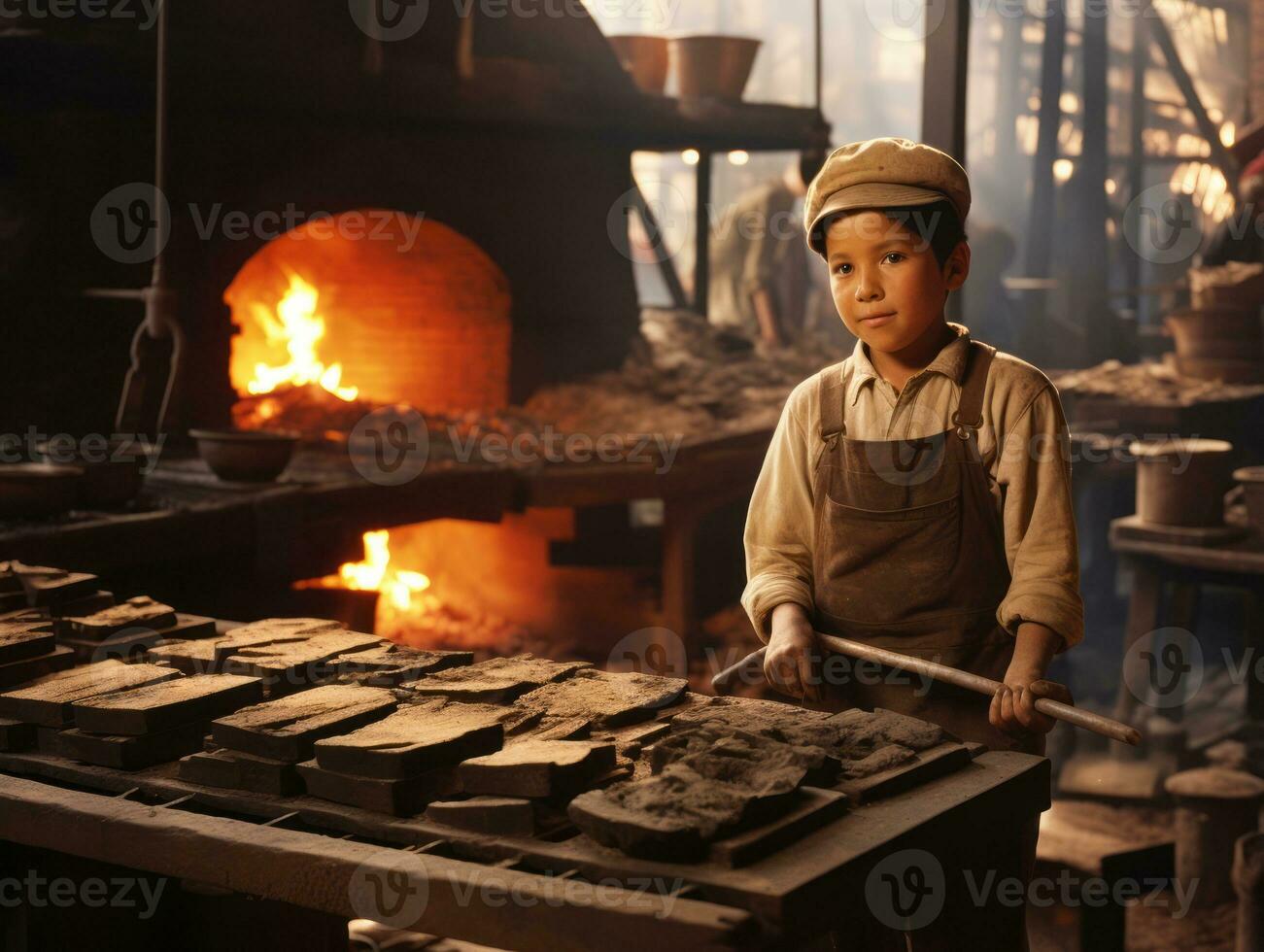 histórico de colores foto de un niños diario trabajo en el 1900 ai generativo