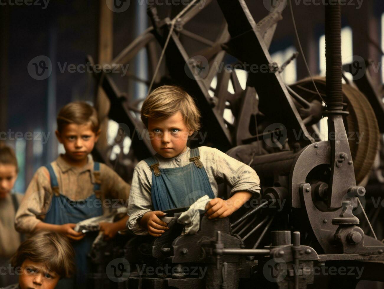 histórico de colores foto de un niños diario trabajo en el 1900 ai generativo