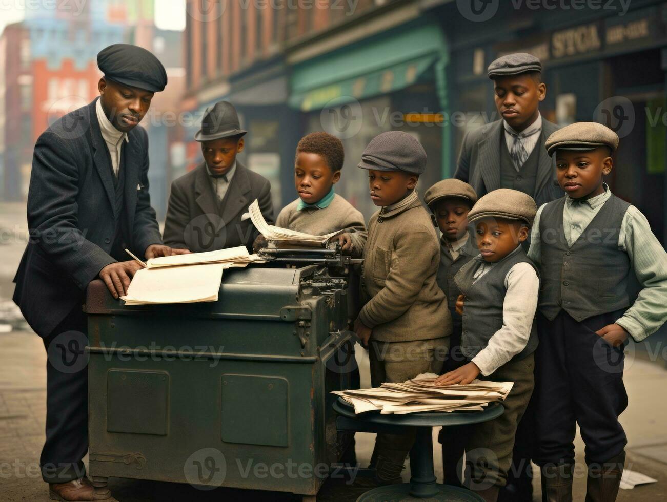 Historic colored photo of a kids daily work in the 1900s AI Generative