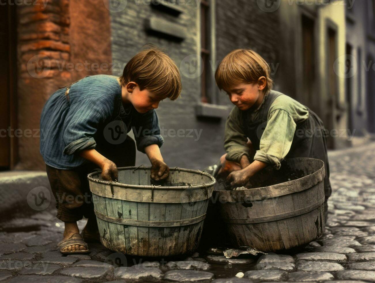 Historic colored photo of a kids daily work in the 1900s AI Generative