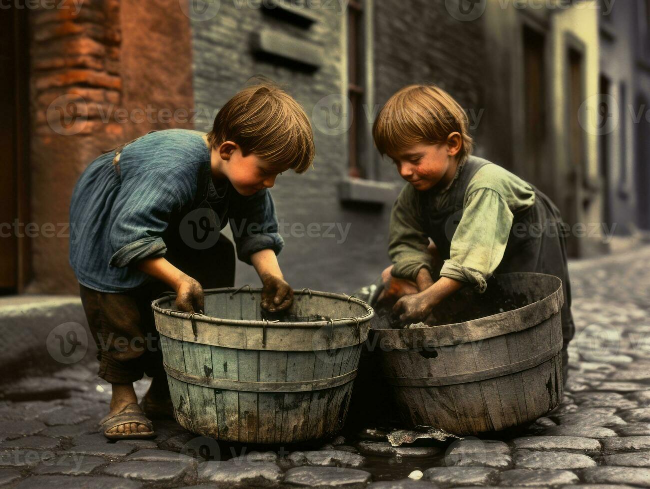 histórico de colores foto de un niños diario trabajo en el 1900 ai generativo