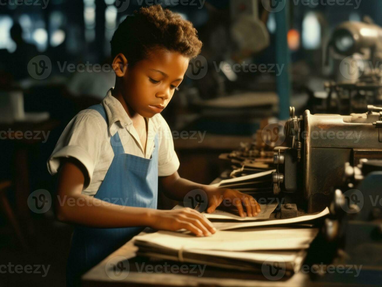 Historic colored photo of a kids daily work in the 1900s AI Generative