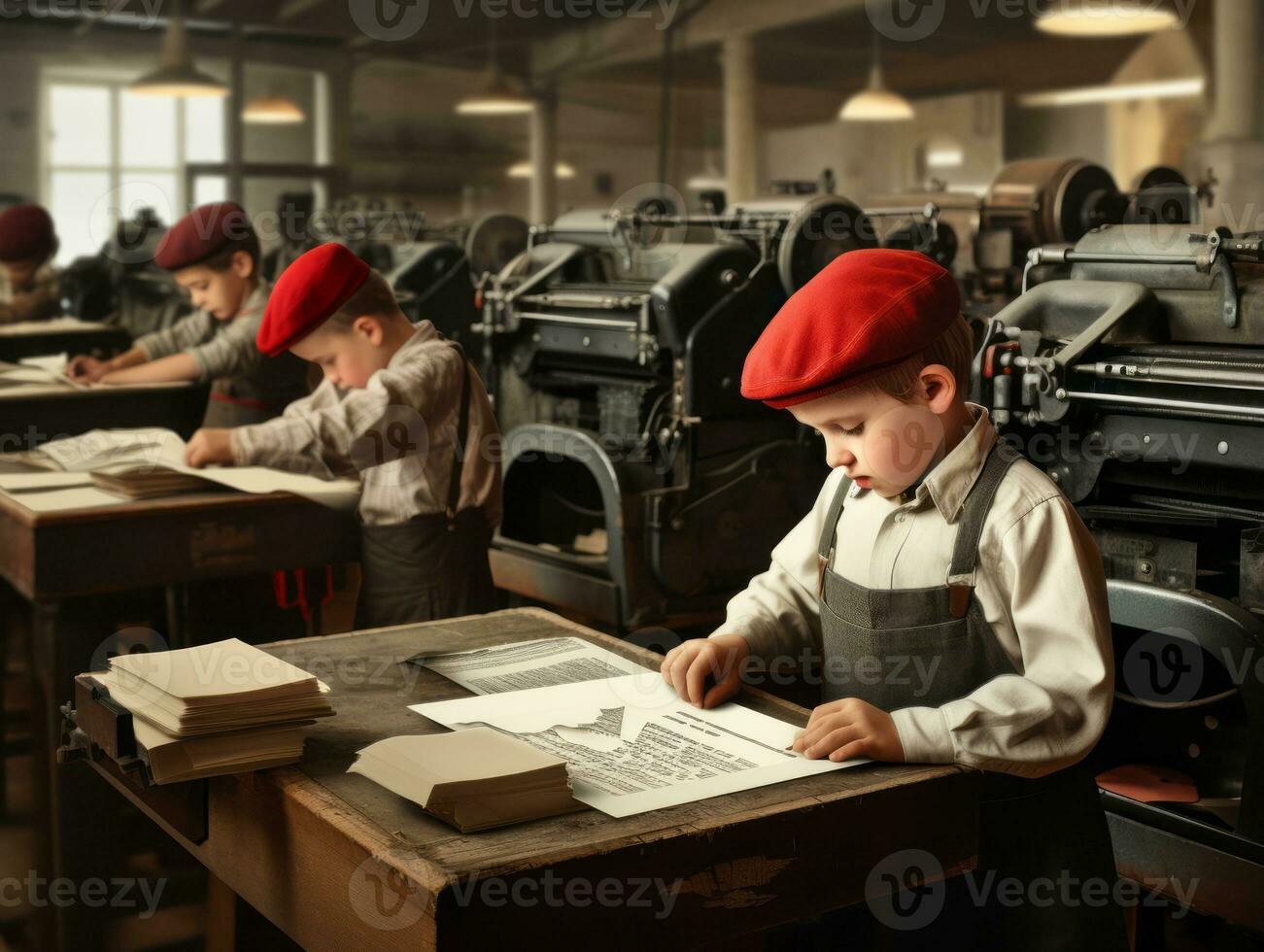 Historic colored photo of a kids daily work in the 1900s AI Generative