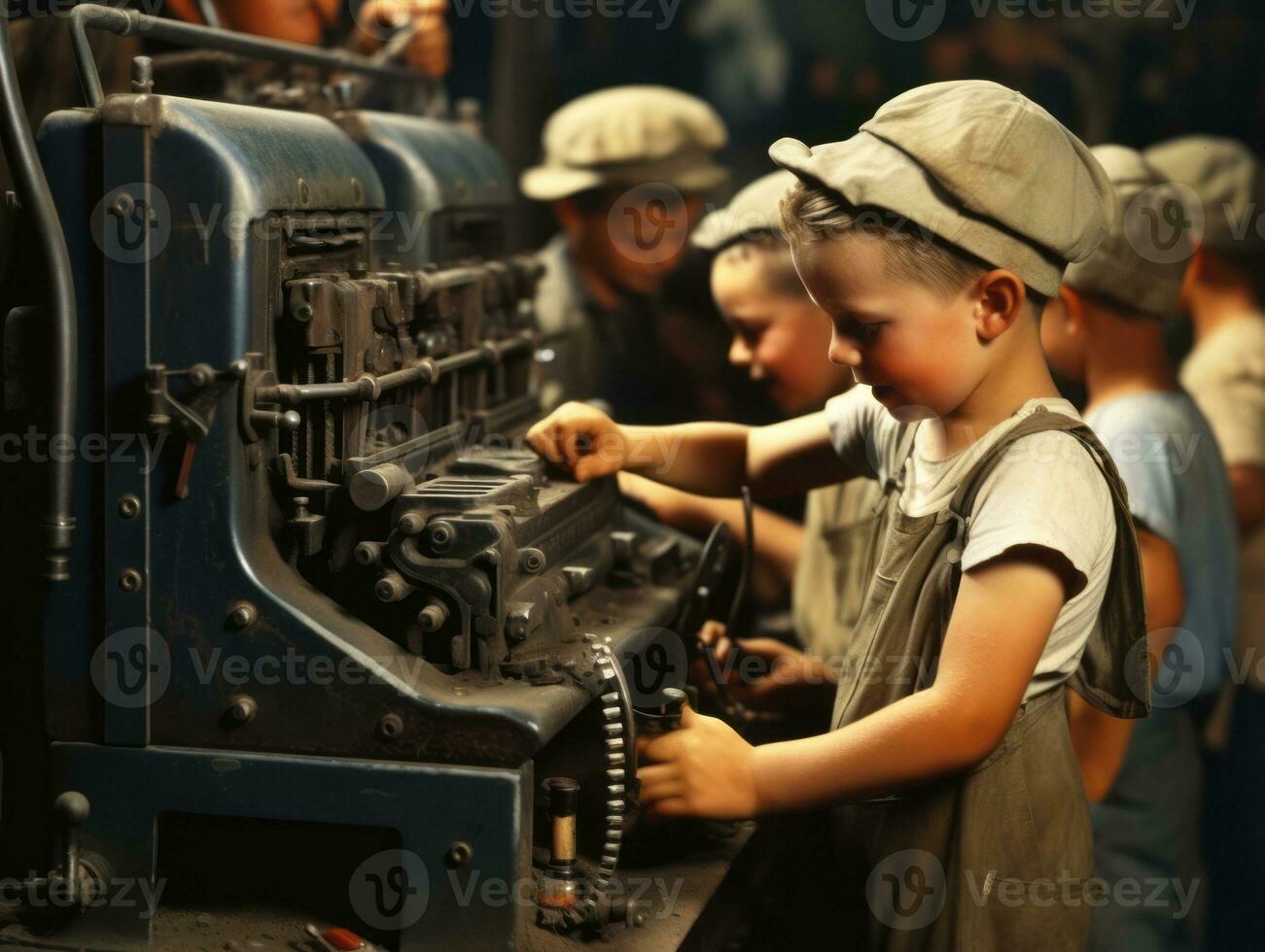 Historic colored photo of a kids daily work in the 1900s AI Generative