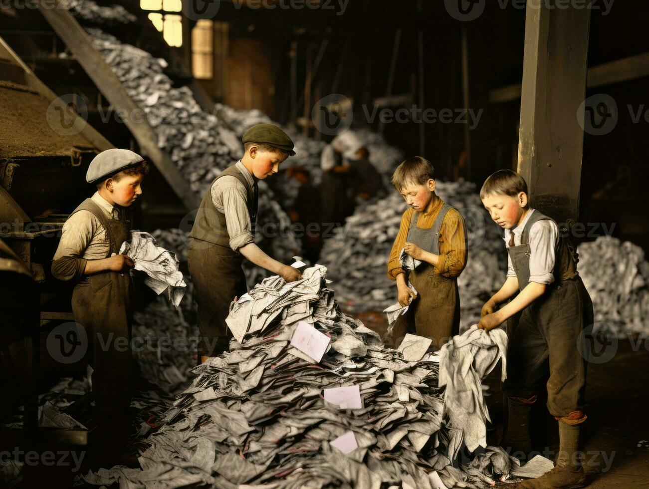 Historic colored photo of a kids daily work in the 1900s AI Generative