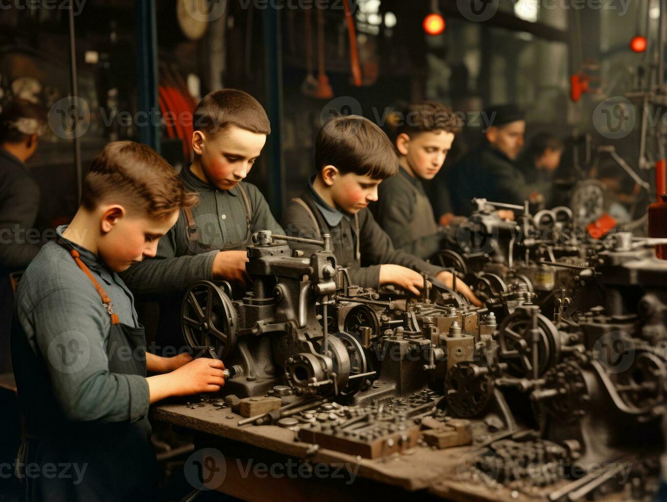 Historic colored photo of a kids daily work in the 1900s AI Generative