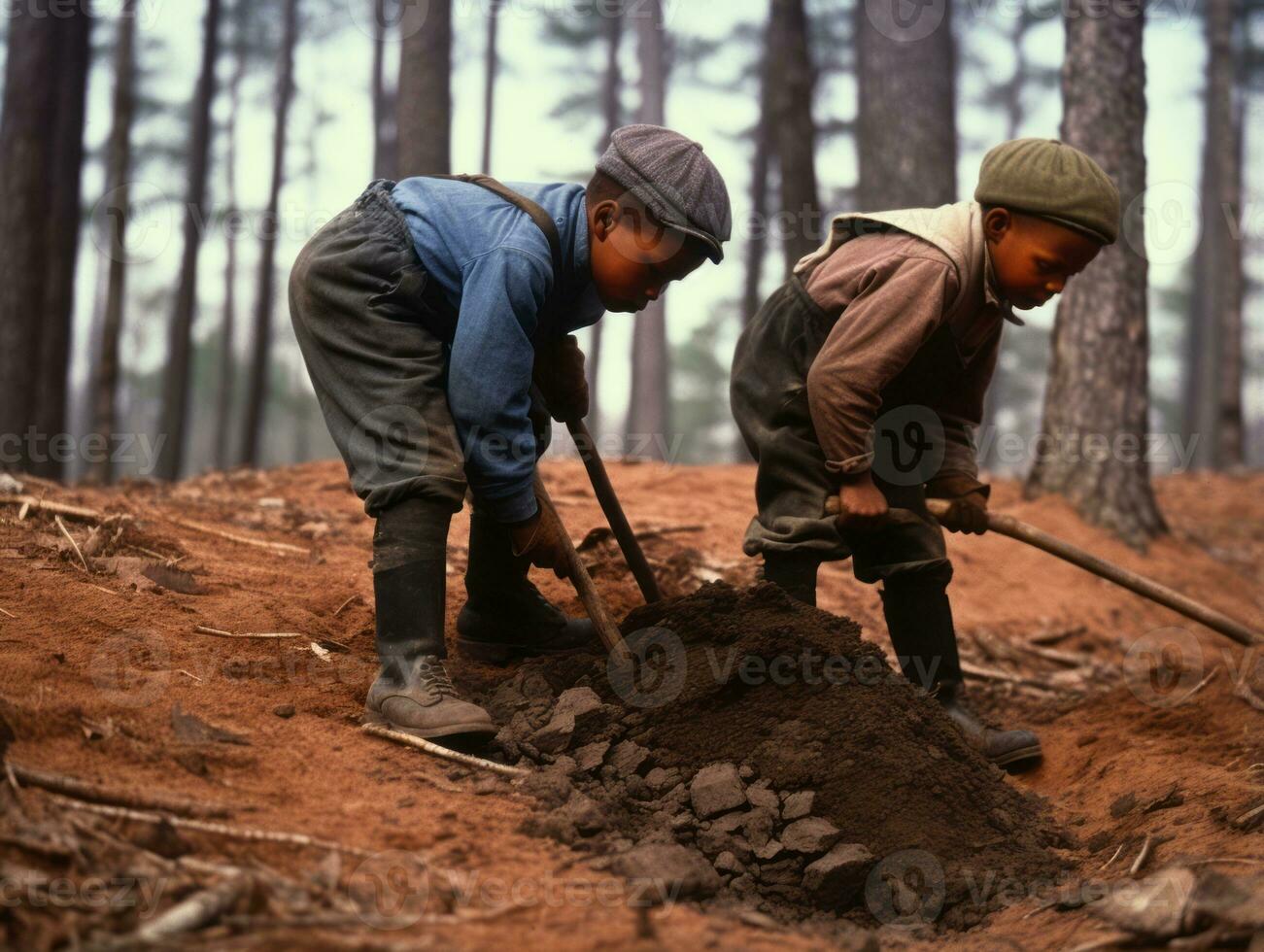 Historic colored photo of a kids daily work in the 1900s AI Generative