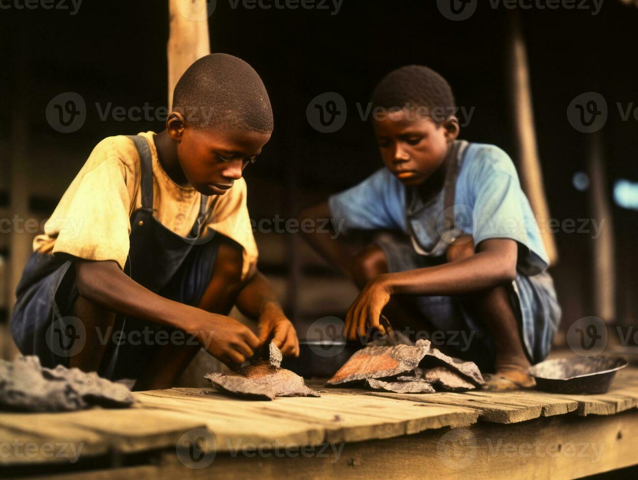 histórico de colores foto de un niños diario trabajo en el 1900 ai generativo