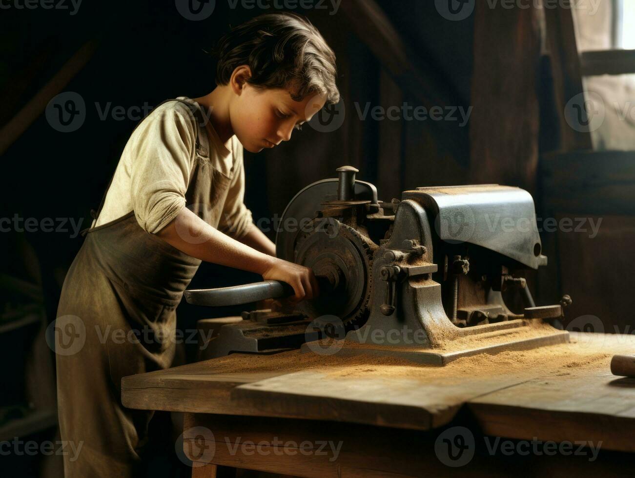 Historic colored photo of a kids daily work in the 1900s AI Generative