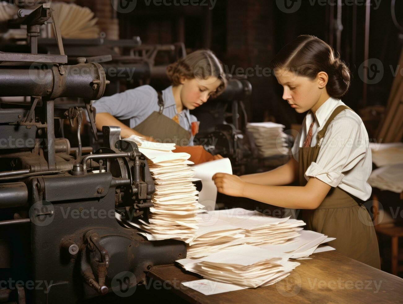 Historic colored photo of a kids daily work in the 1900s AI Generative