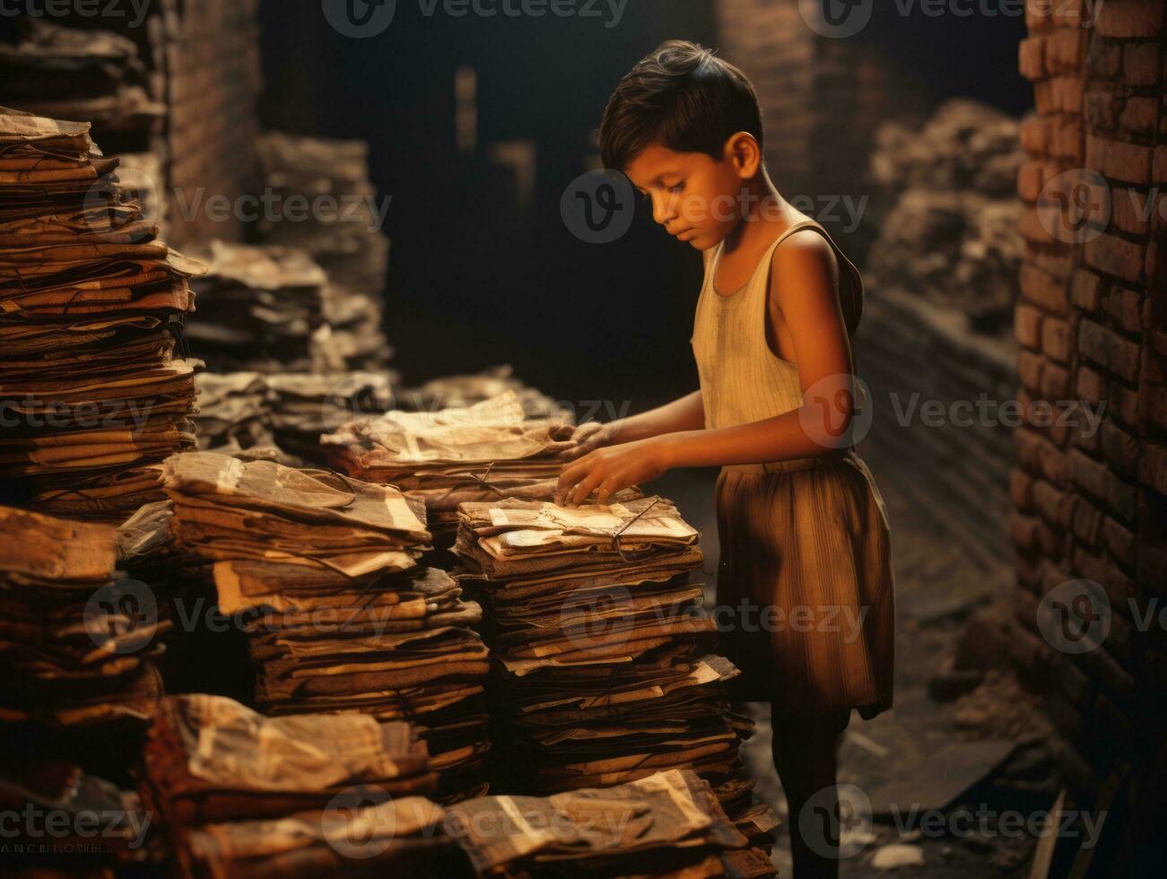 histórico de colores foto de un niños diario trabajo en el 1900 ai generativo