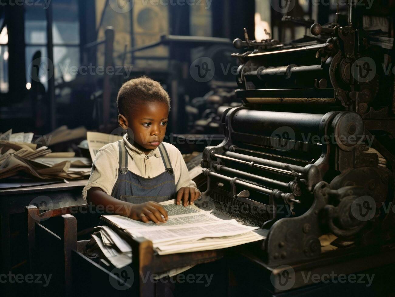 Historic colored photo of a kids daily work in the 1900s AI Generative