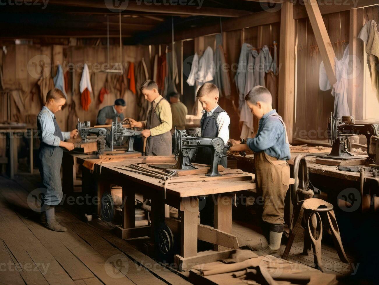 Historic colored photo of a kids daily work in the 1900s AI Generative