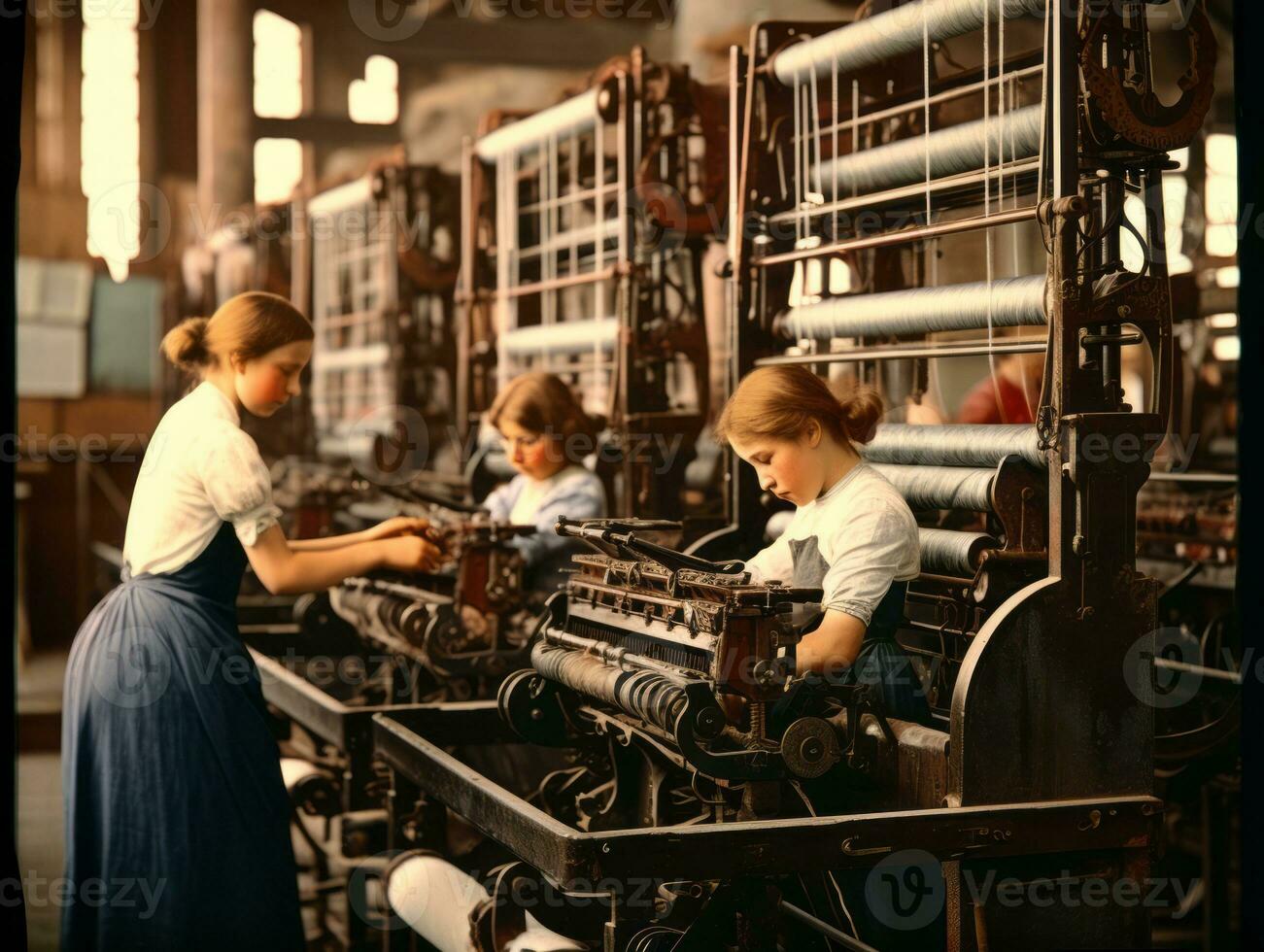 Historic colored photo of a kids daily work in the 1900s AI Generative