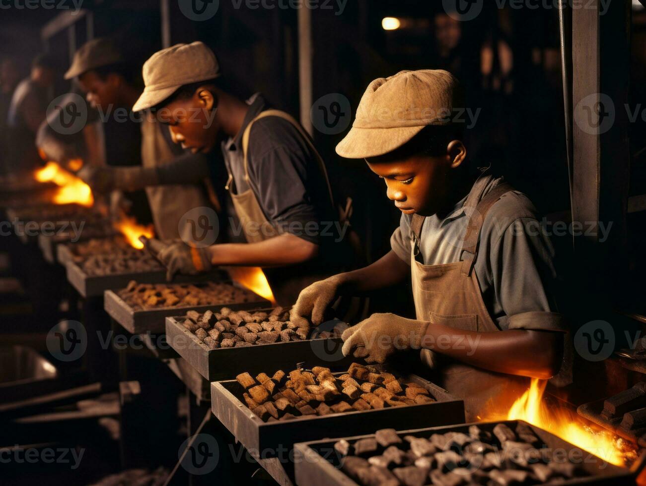 Historic colored photo of a kids daily work in the 1900s AI Generative