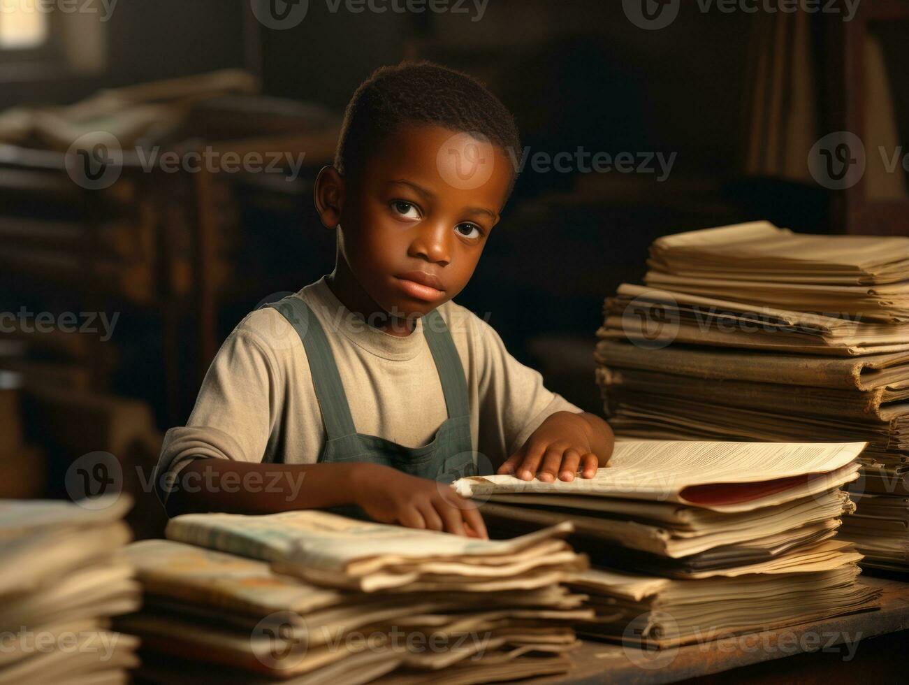 Historic colored photo of a kids daily work in the 1900s AI Generative