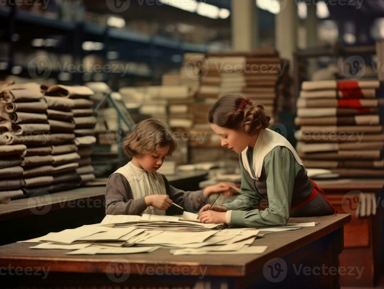 histórico de colores foto de un niños diario trabajo en el 1900 ai generativo