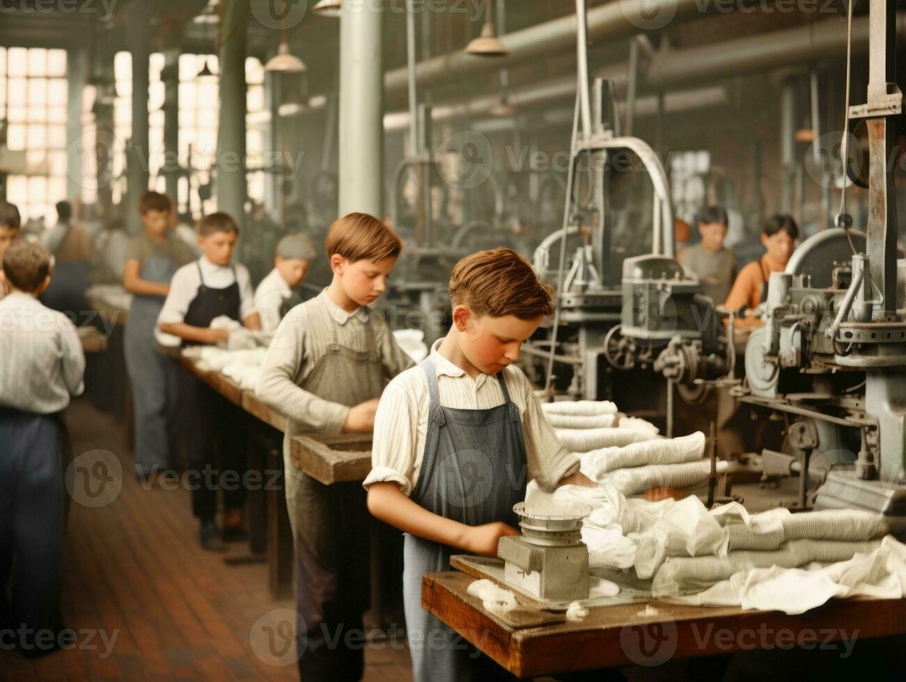 Historic colored photo of a kids daily work in the 1900s AI Generative