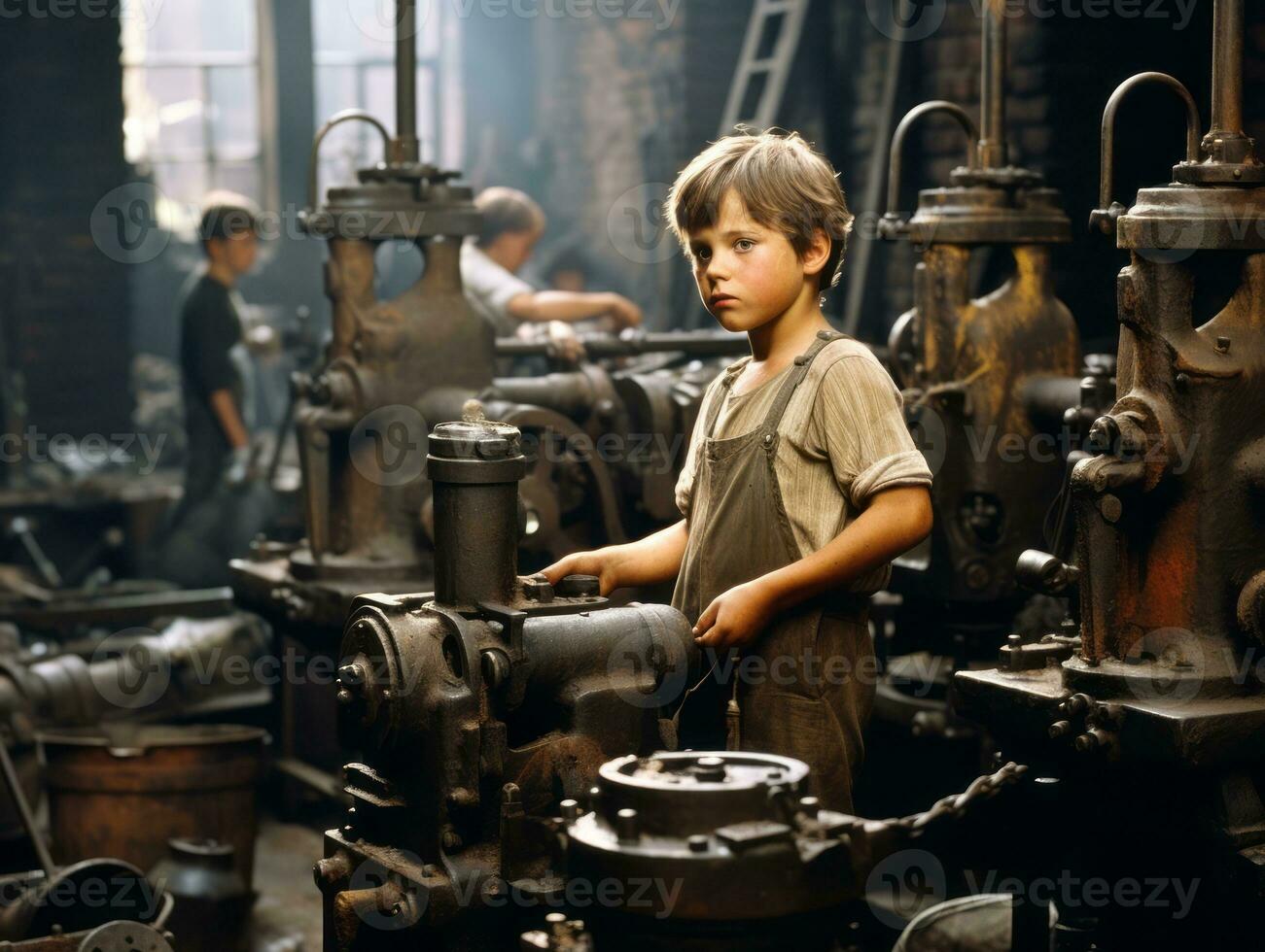 Historic colored photo of a kids daily work in the 1900s AI Generative