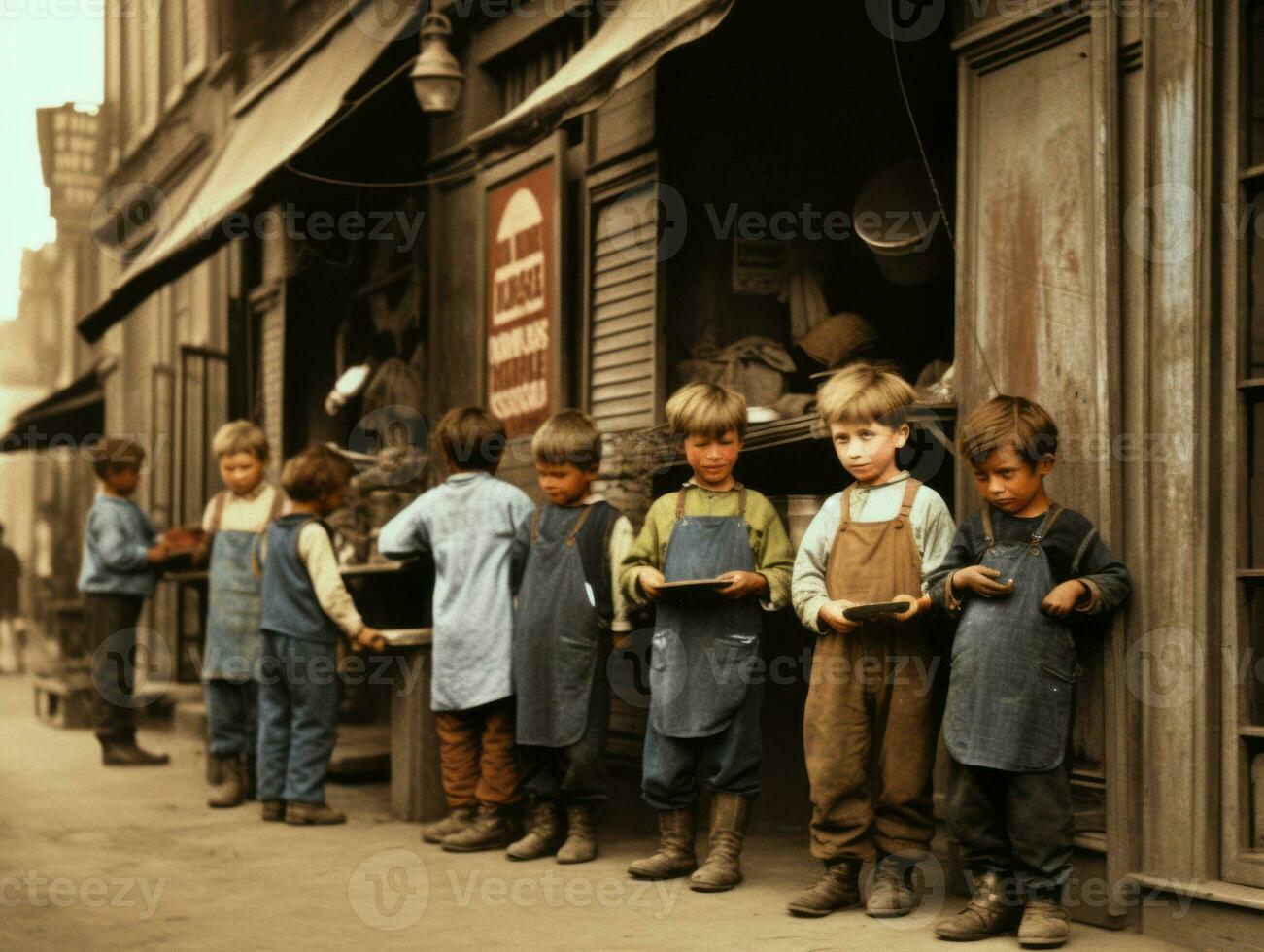 Historic colored photo of a kids daily work in the 1900s AI Generative