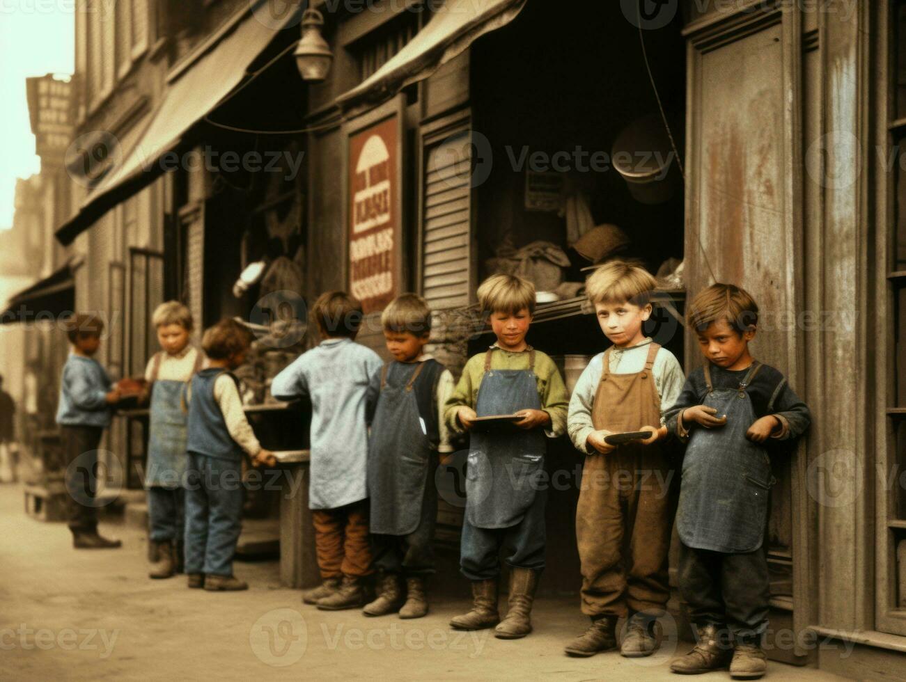 histórico de colores foto de un niños diario trabajo en el 1900 ai generativo