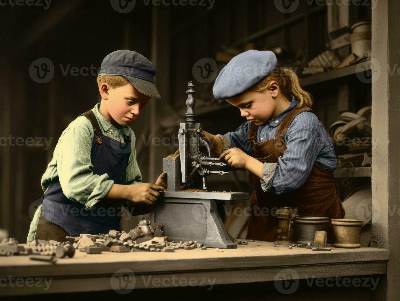 Historic colored photo of a kids daily work in the 1900s AI Generative