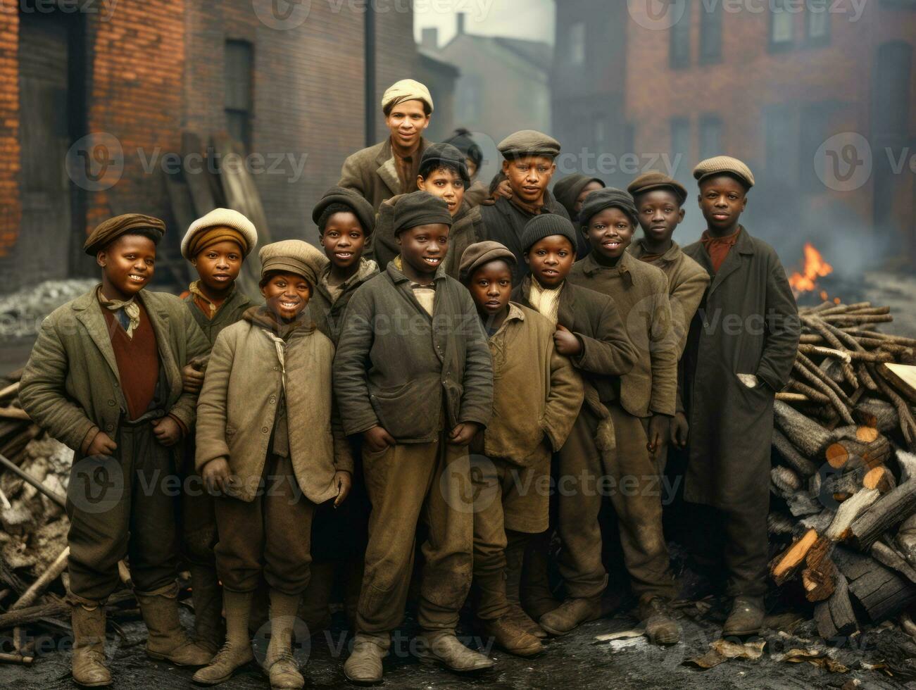 Historic colored photo of a kids daily work in the 1900s AI Generative