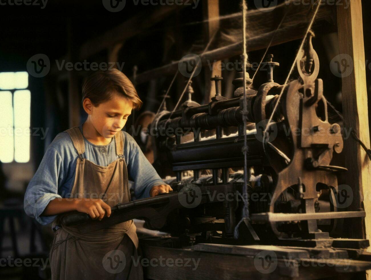 Historic colored photo of a kids daily work in the 1900s AI Generative