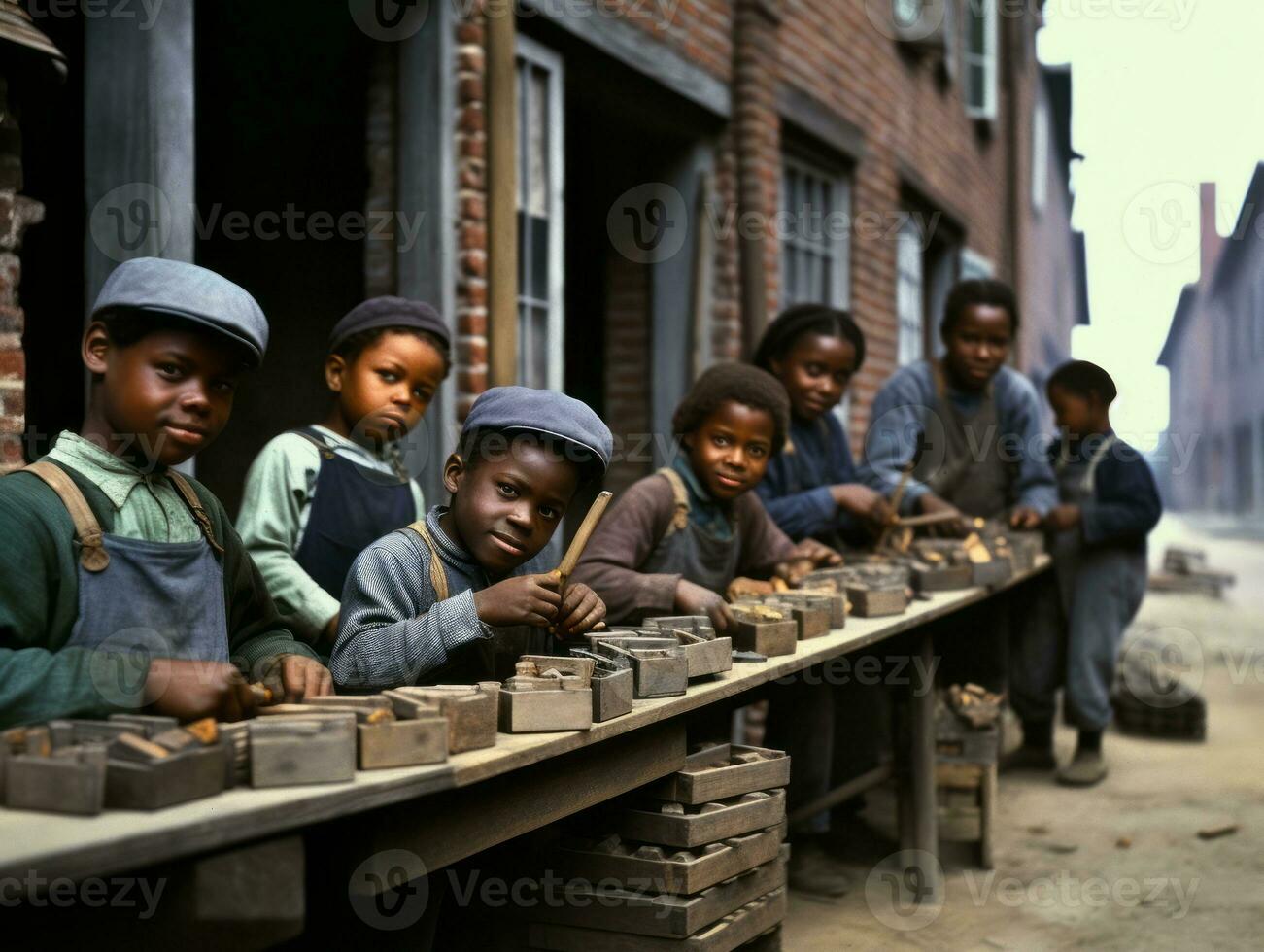 Historic colored photo of a kids daily work in the 1900s AI Generative