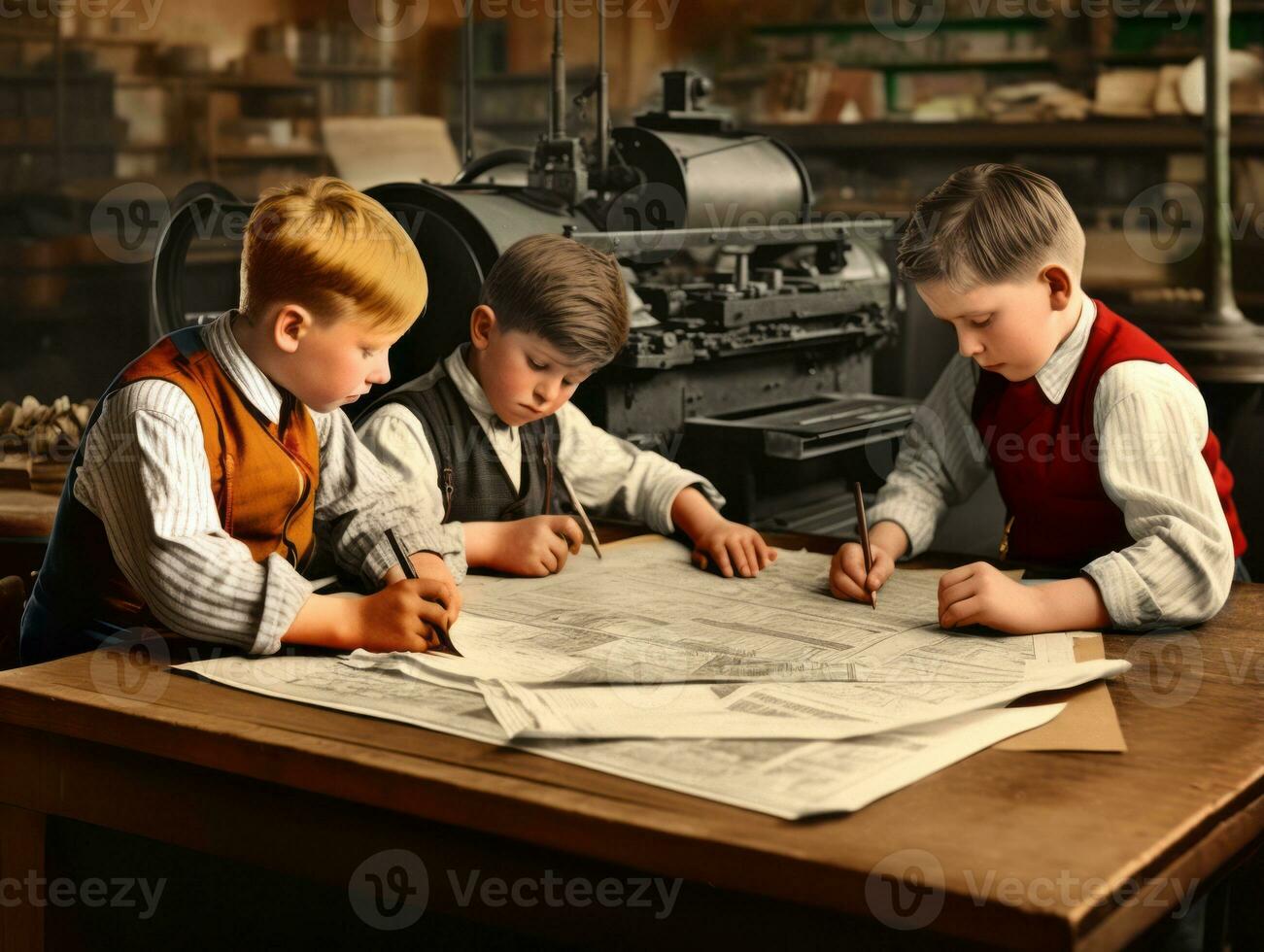 Historic colored photo of a kids daily work in the 1900s AI Generative