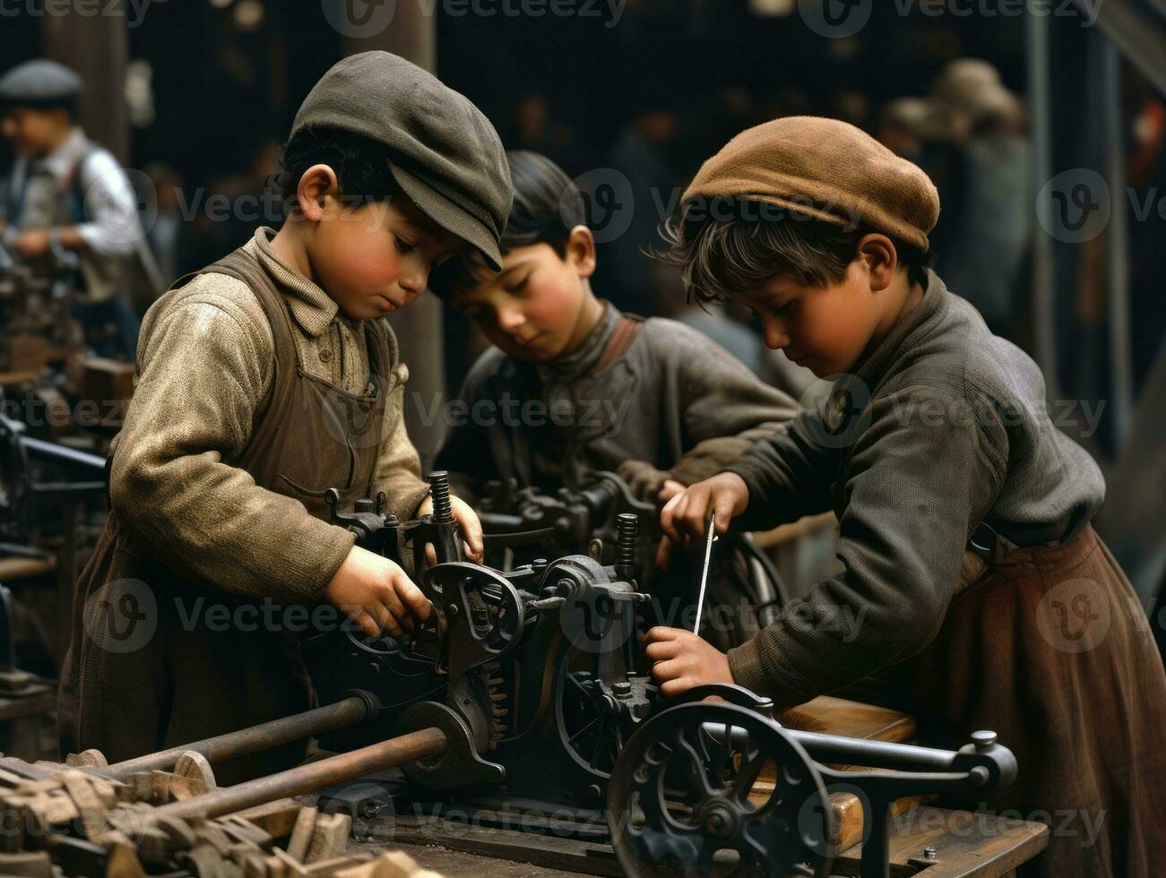 Historic colored photo of a kids daily work in the 1900s AI Generative