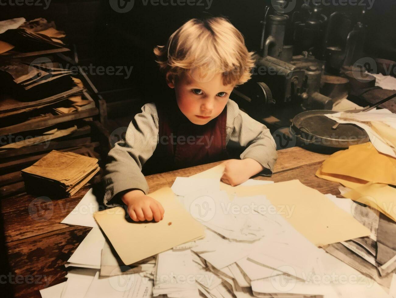 histórico de colores foto de un niños diario trabajo en el 1900 ai generativo