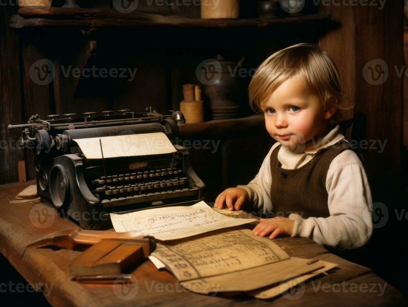 histórico de colores foto de un niños diario trabajo en el 1900 ai generativo