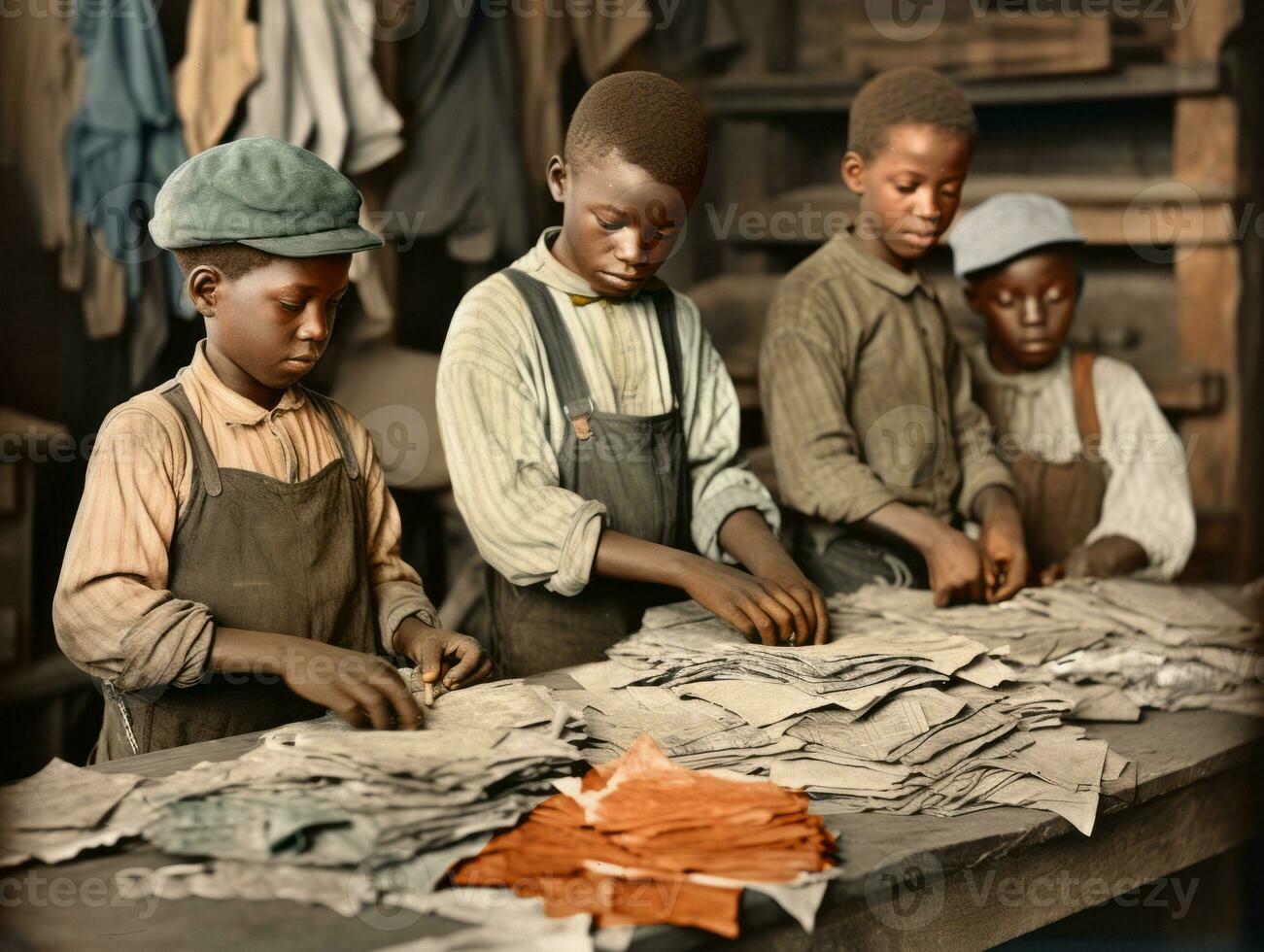 Historic colored photo of a kids daily work in the 1900s AI Generative