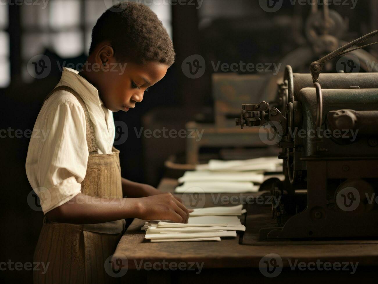 Historic colored photo of a kids daily work in the 1900s AI Generative