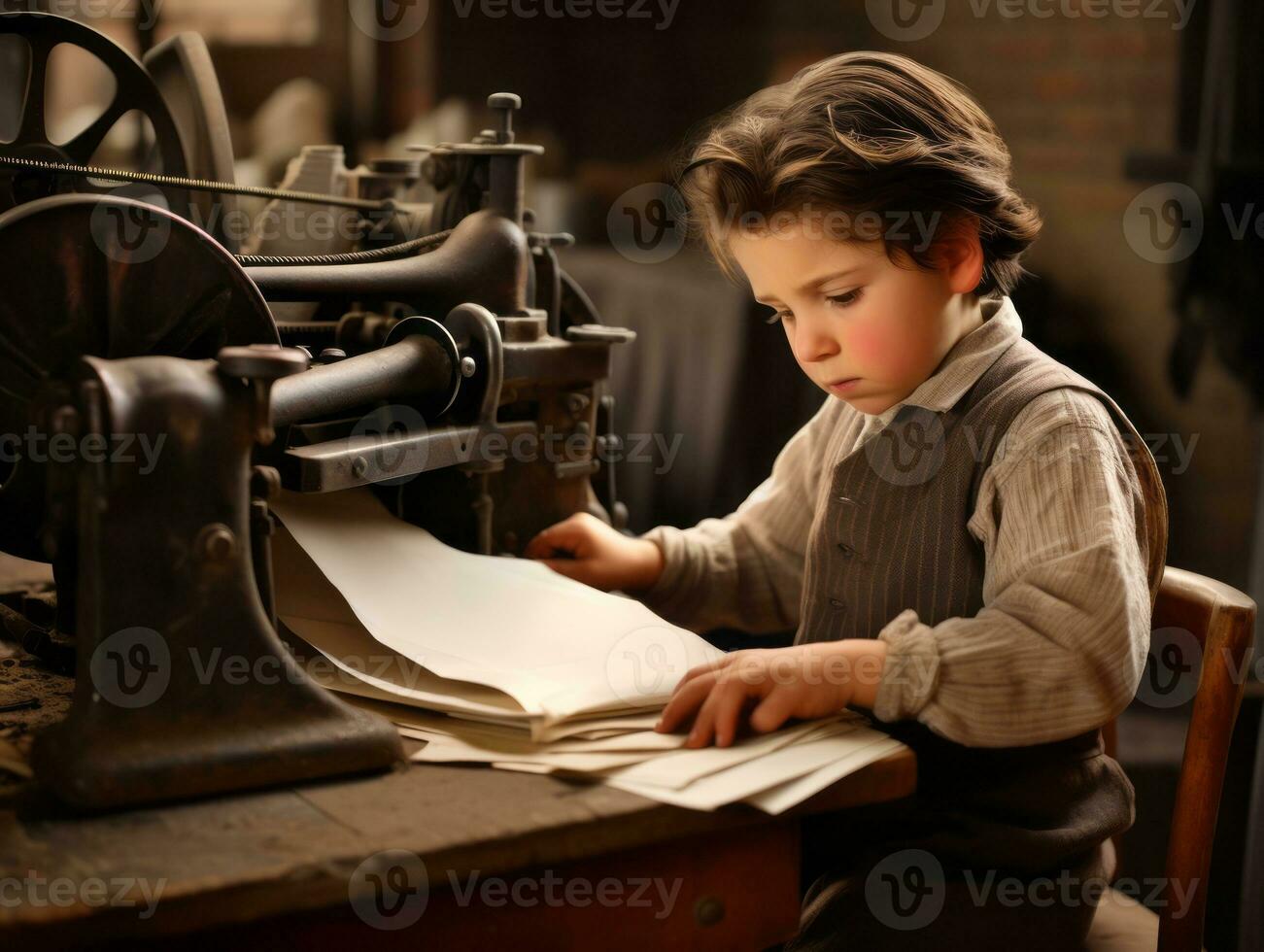 Historic colored photo of a kids daily work in the 1900s AI Generative