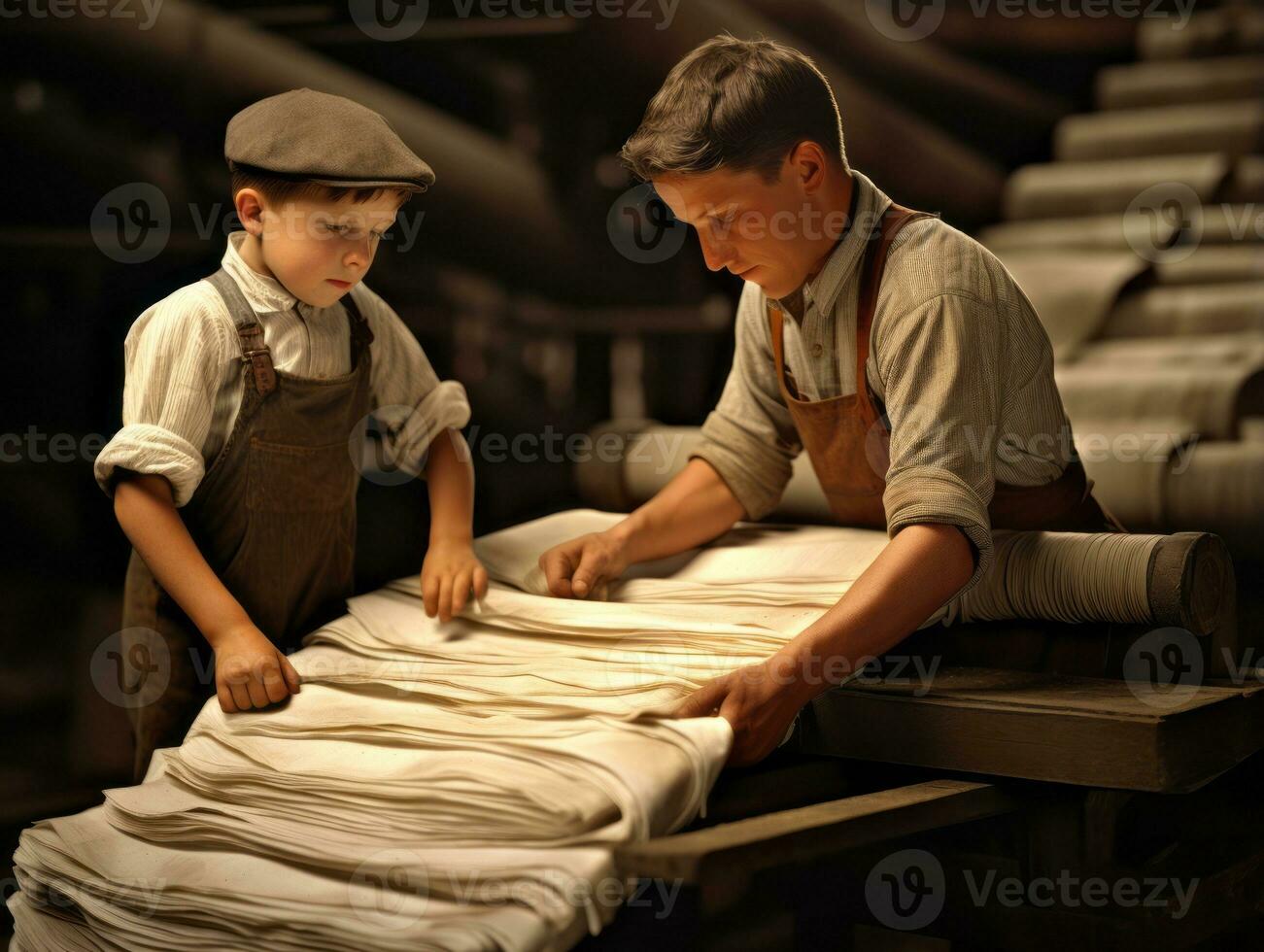 Historic colored photo of a kids daily work in the 1900s AI Generative