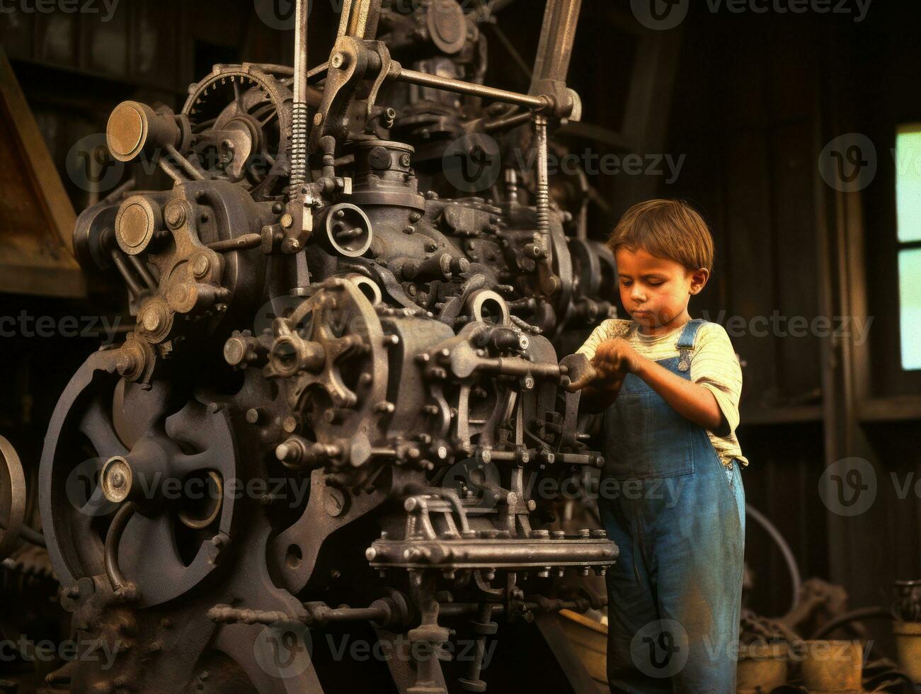 Historic colored photo of a kids daily work in the 1900s AI Generative